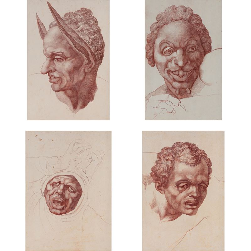 Vincenzo Camuccini : Studi di teste tratte dal Giudizio Universale di Michelangelo  - quattro disegni a matita rossa su carta - Auction Old Masters Paintings - Cambi Casa d'Aste