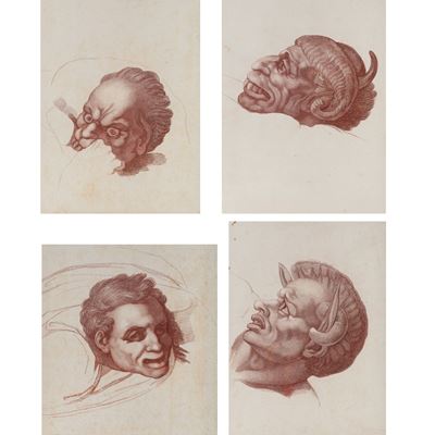 Studi di teste tratte dal Giudizio Universale di Michelangelo, quattro disegni a matita rossa