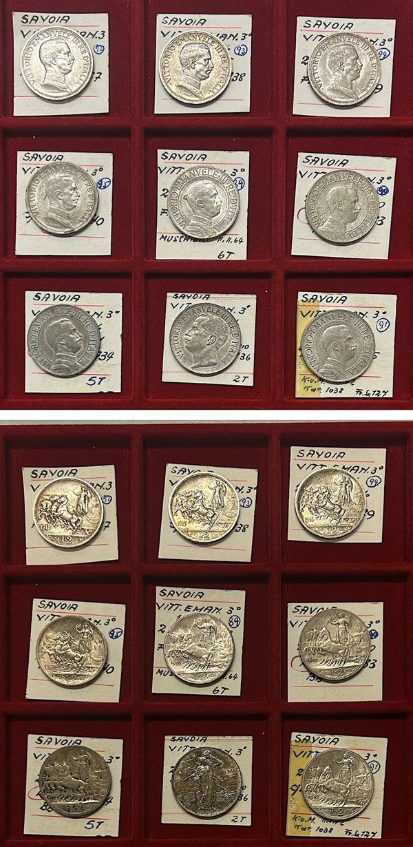 REGNO D’ITALIA. Vittorio Emanuele III (1900-1943). Lotto completo di nove monete in argento da due lire emesse dal 1908 al 1917.