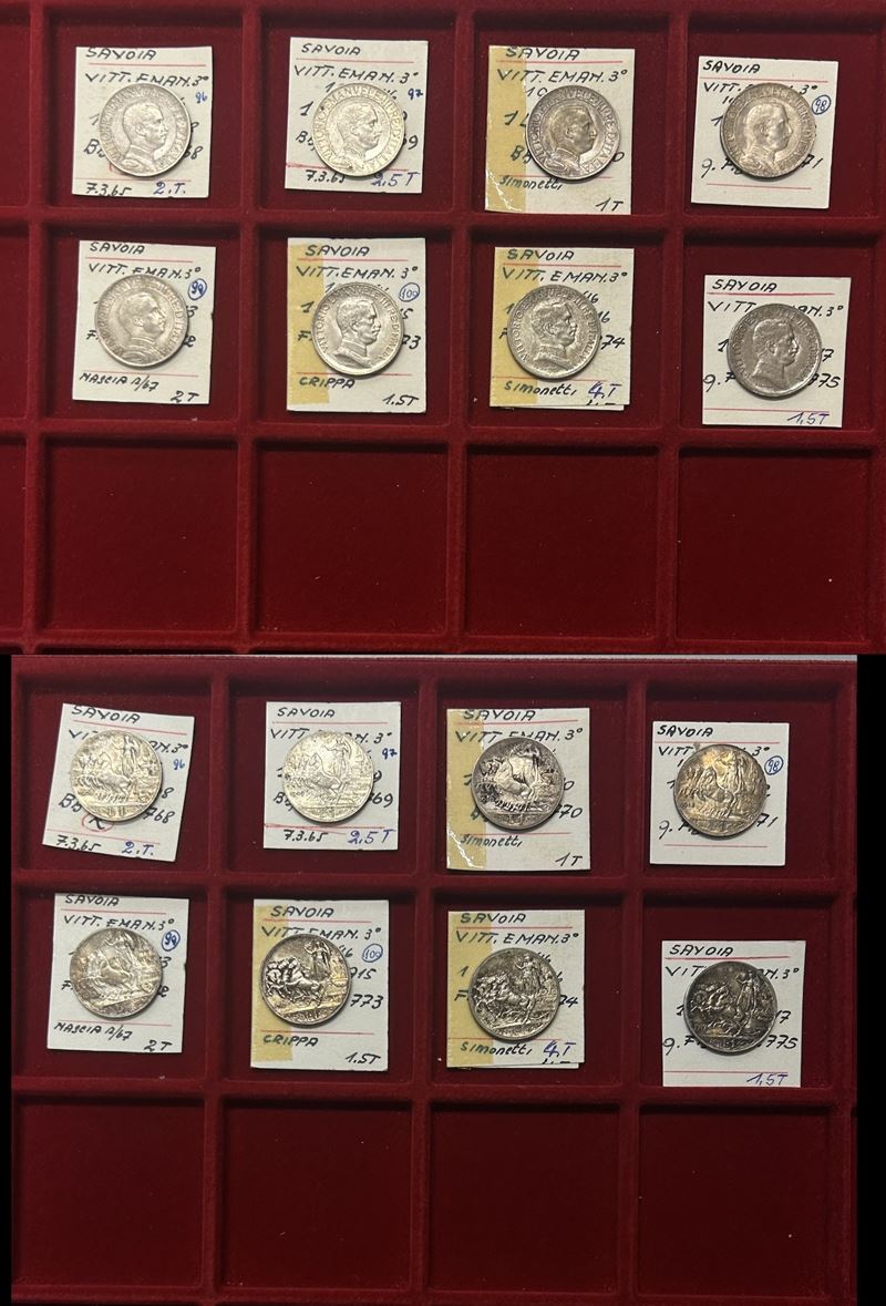 REGNO D’ITALIA. Vittorio Emanuele III (1900-1943). Lotto completo di otto monete in argento da una lira emesse dal 1908 al 1917.  - Auction Light Numismatics - Cambi Casa d'Aste