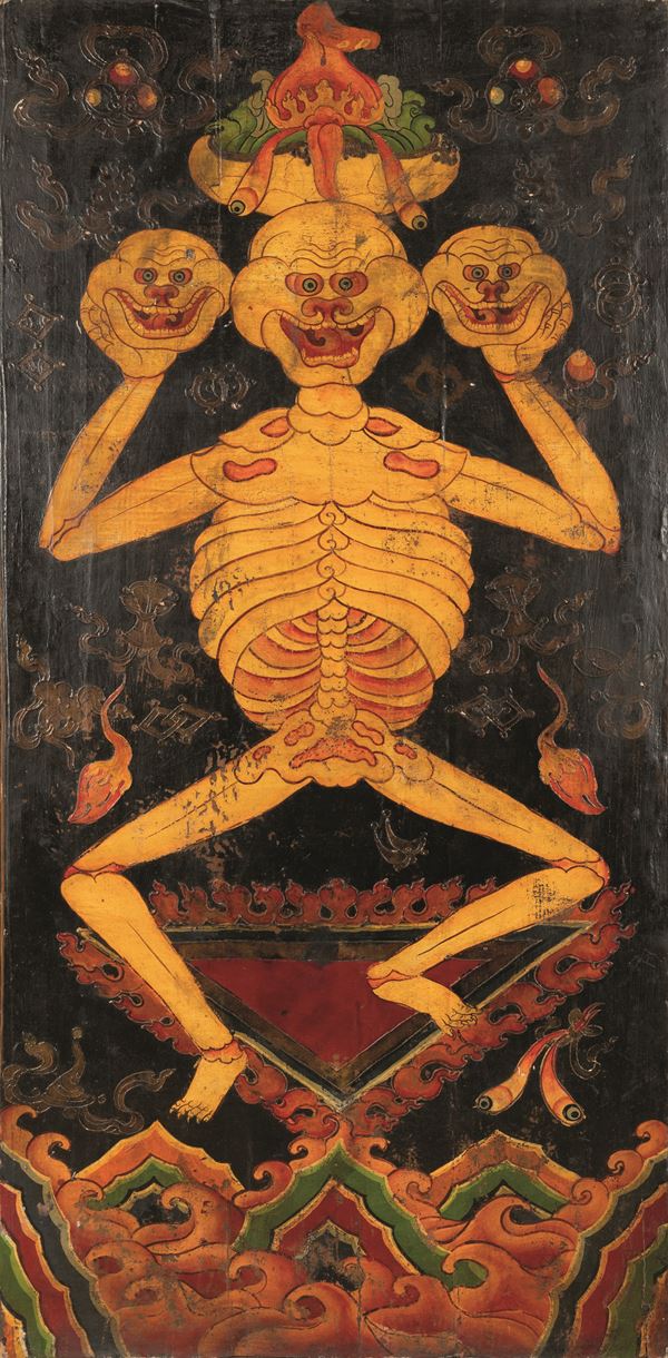 Porta in legno raffigurante Citipati, Tibet, XIX secolo
