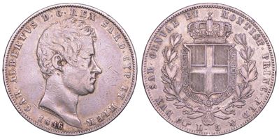 Carlo Alberto di Savoia, 5 Lire 1836 (Torino), Regno di Sardegna