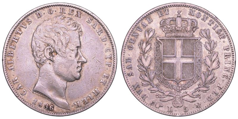 REGNO DI SARDEGNA. CARLO ALBERTO DI SAVOIA, 1831-1849. 5 Lire 1836. Torino.  - Asta Numismatica Light - Cambi Casa d'Aste