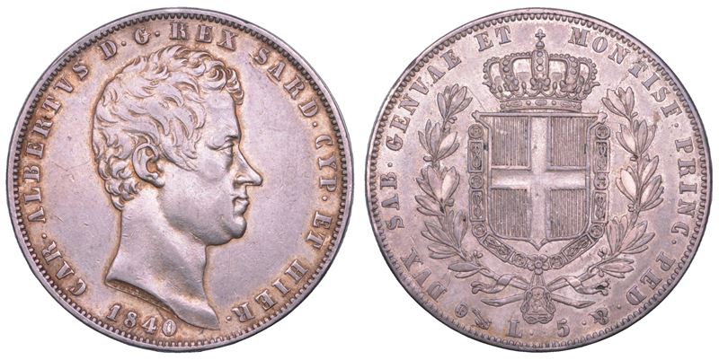 REGNO DI SARDEGNA. CARLO ALBERTO DI SAVOIA, 1831-1849. 5 Lire 1840. Genova.  - Asta Numismatica Light - Cambi Casa d'Aste
