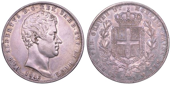 REGNO DI SARDEGNA. CARLO ALBERTO DI SAVOIA, 1831-1849. 5 Lire 1843. Genova.
