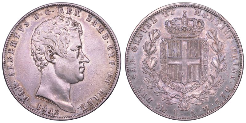 REGNO DI SARDEGNA. CARLO ALBERTO DI SAVOIA, 1831-1849. 5 Lire 1843. Genova.  - Asta Numismatica Light - Cambi Casa d'Aste