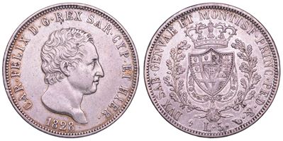 Regno di Sardegna, Carlo Felice di Savoia, 5 Lire 1828 (Torino) in argento