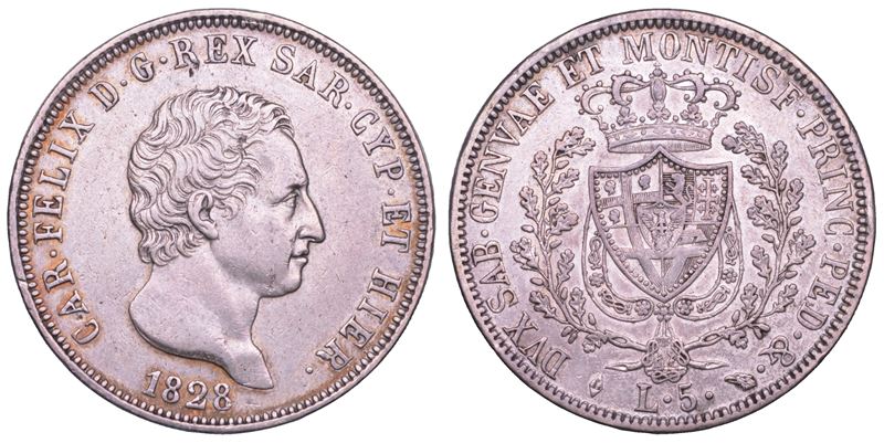 REGNO DI SARDEGNA. CARLO FELICE DI SAVOIA, 1821-1831. 5 Lire 1828. Torino.  - Asta Numismatica Light - Cambi Casa d'Aste
