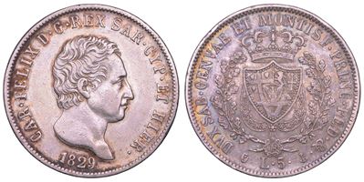 Savoia (Carlo Felice), 5 Lire 1829, Genova — Regno di Sardegna