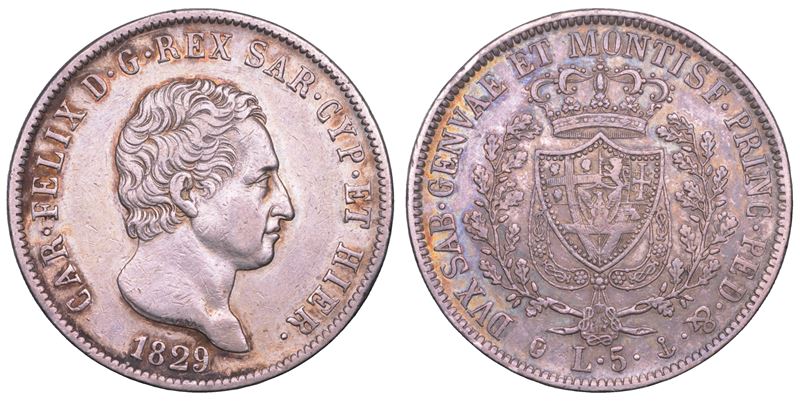 REGNO DI SARDEGNA. CARLO FELICE DI SAVOIA, 1821-1831. 5 Lire 1829. Genova.  - Asta Numismatica Light - Cambi Casa d'Aste