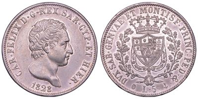 Carlo Felice di Savoia, Regno di Sardegna, 5 Lire 1828 (Genova)