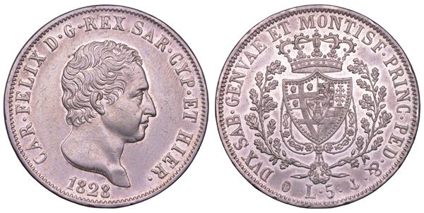 REGNO DI SARDEGNA. CARLO FELICE DI SAVOIA, 1821-1831. 5 Lire 1828. Genova.