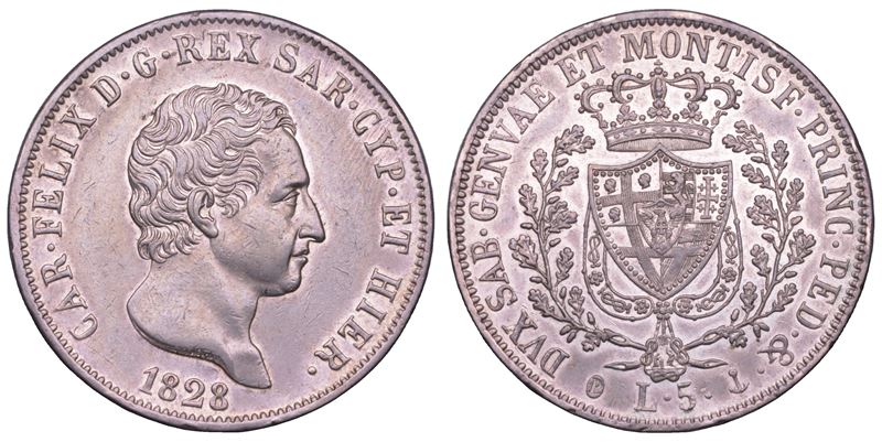 REGNO DI SARDEGNA. CARLO FELICE DI SAVOIA, 1821-1831. 5 Lire 1828. Genova.  - Asta Numismatica Light - Cambi Casa d'Aste