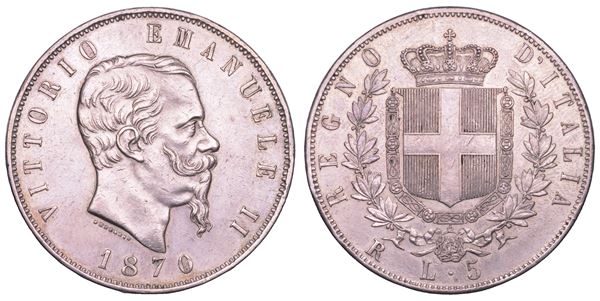 REGNO D'ITALIA. VITTORIO EMANUELE II DI SAVOIA, 1861-1878. 5 Lire 1870. Roma.
