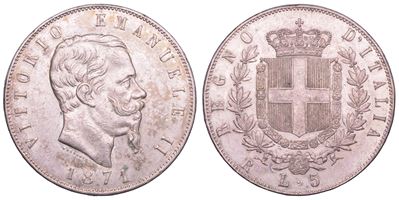 Vittorio Emanuele II di Savoia, 5 Lire 1871 (Regno d’Italia), argento, Roma