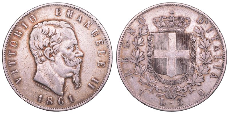 REGNO D'ITALIA. VITTORIO EMANUELE II DI SAVOIA, 1861-1878. 5 Lire 1861. Torino.  - Auction Light Numismatics - Cambi Casa d'Aste