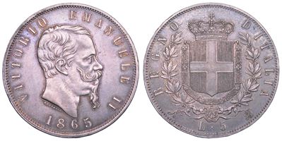 Vittorio Emanuele II di Savoia, 5 Lire 1865 (Napoli), Regno d’Italia