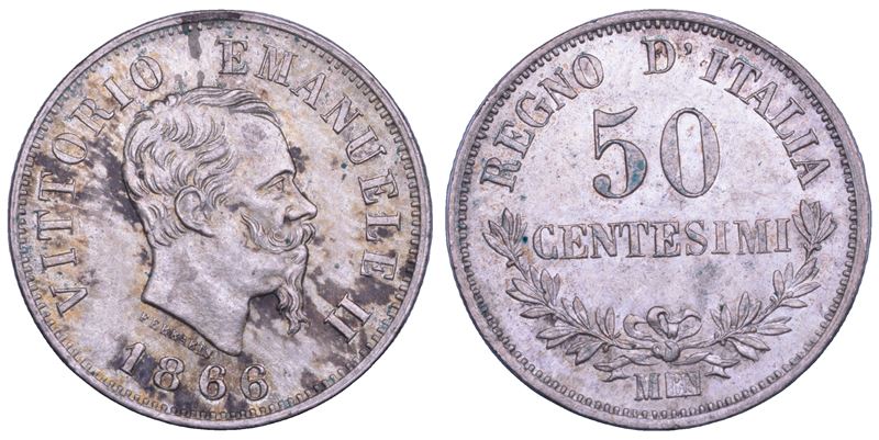 REGNO D'ITALIA. VITTORIO EMANUELE II DI SAVOIA, 1861-1878. 50 Centesimi 1866. Milano.  - Asta Numismatica Light - Cambi Casa d'Aste