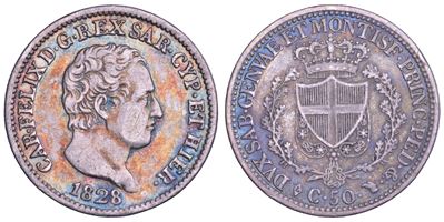 Carlo Felice di Savoia, Regno di Sardegna, 50 Centesimi (Torino), 1828