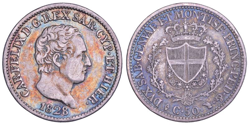 REGNO DI SARDEGNA. CARLO FELICE DI SAVOIA, 1821-1831. 50 Centesimi 1828. Torino.  - Auction Light Numismatics - Cambi Casa d'Aste