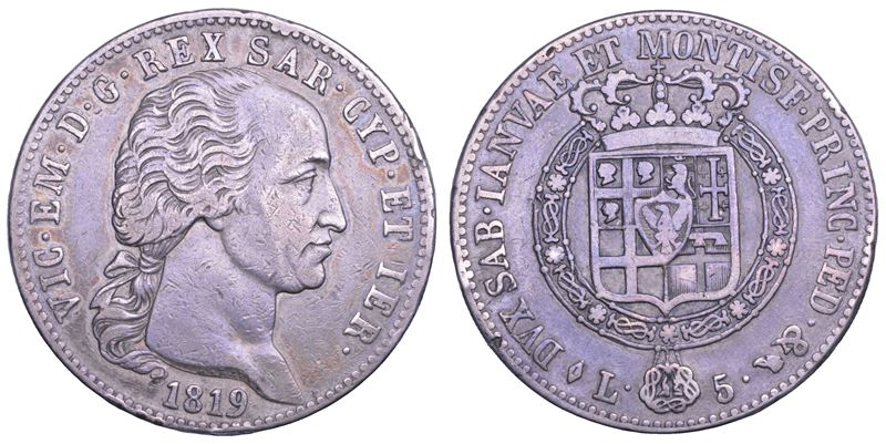 REGNO DI SARDEGNA. VITTORIO EMANUELE I DI SAVOIA, 1802-1821. 5 Lire 1819.  - Asta Numismatica Light - Cambi Casa d'Aste