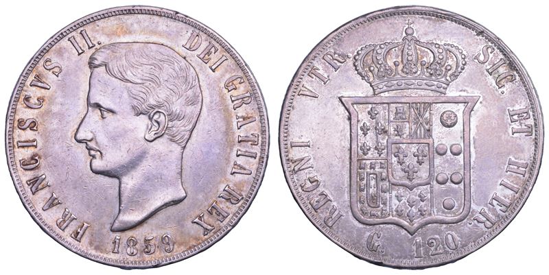 NAPOLI. FRANCESCO II DI BORBONE, 1859-1860. Piastra da 120 Grana 1859.  - Asta Numismatica Light - Cambi Casa d'Aste