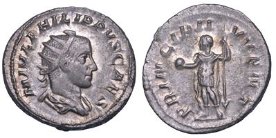 Filippo II (Cesare), Antoniniano, Roma (busto radiato e paludato)
