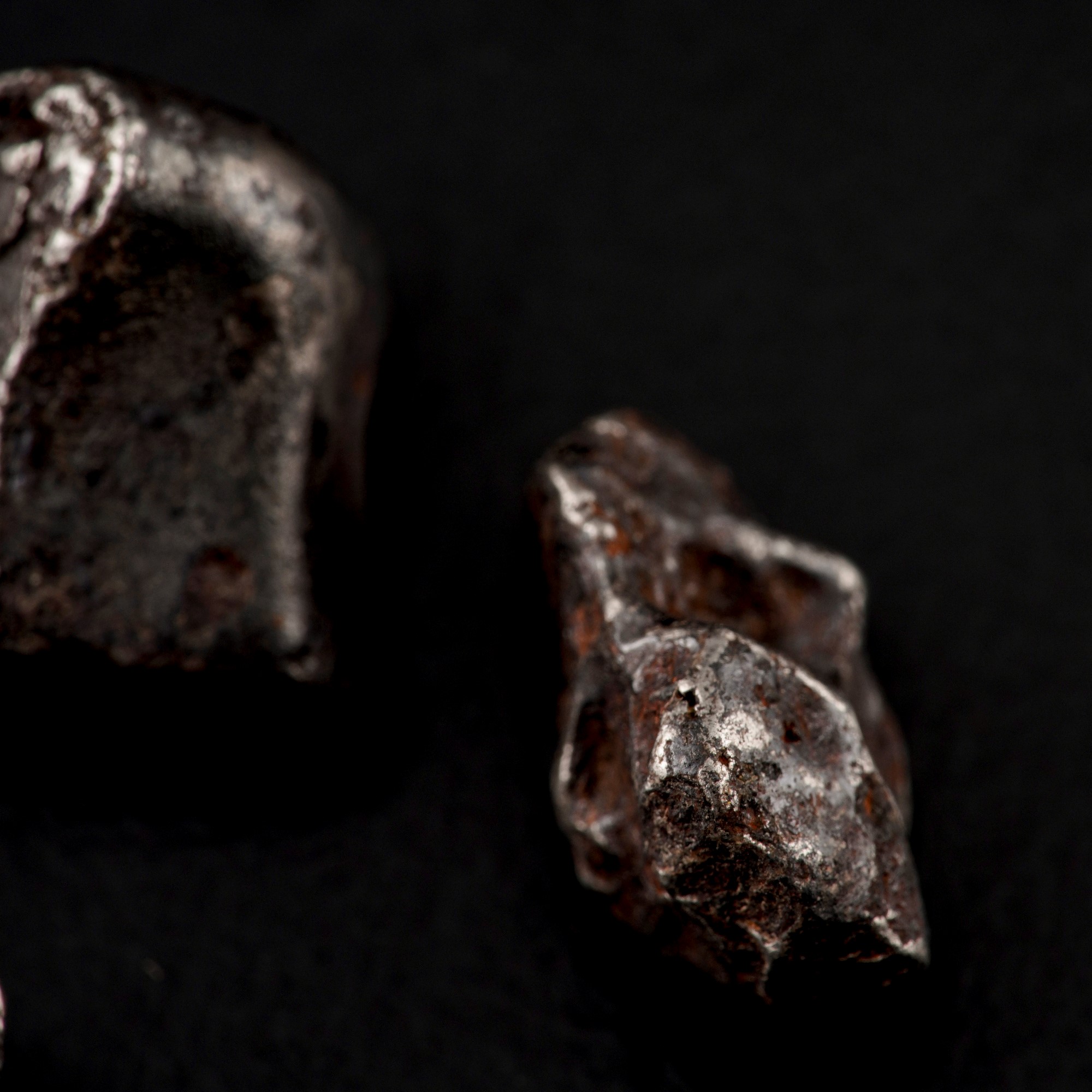 Cinque Pezzi di Meteorite Sikhote-alin Sotto Lente di Ingrandimento.