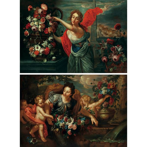 Nature morte con frutta, fiori, figure femminili e putti