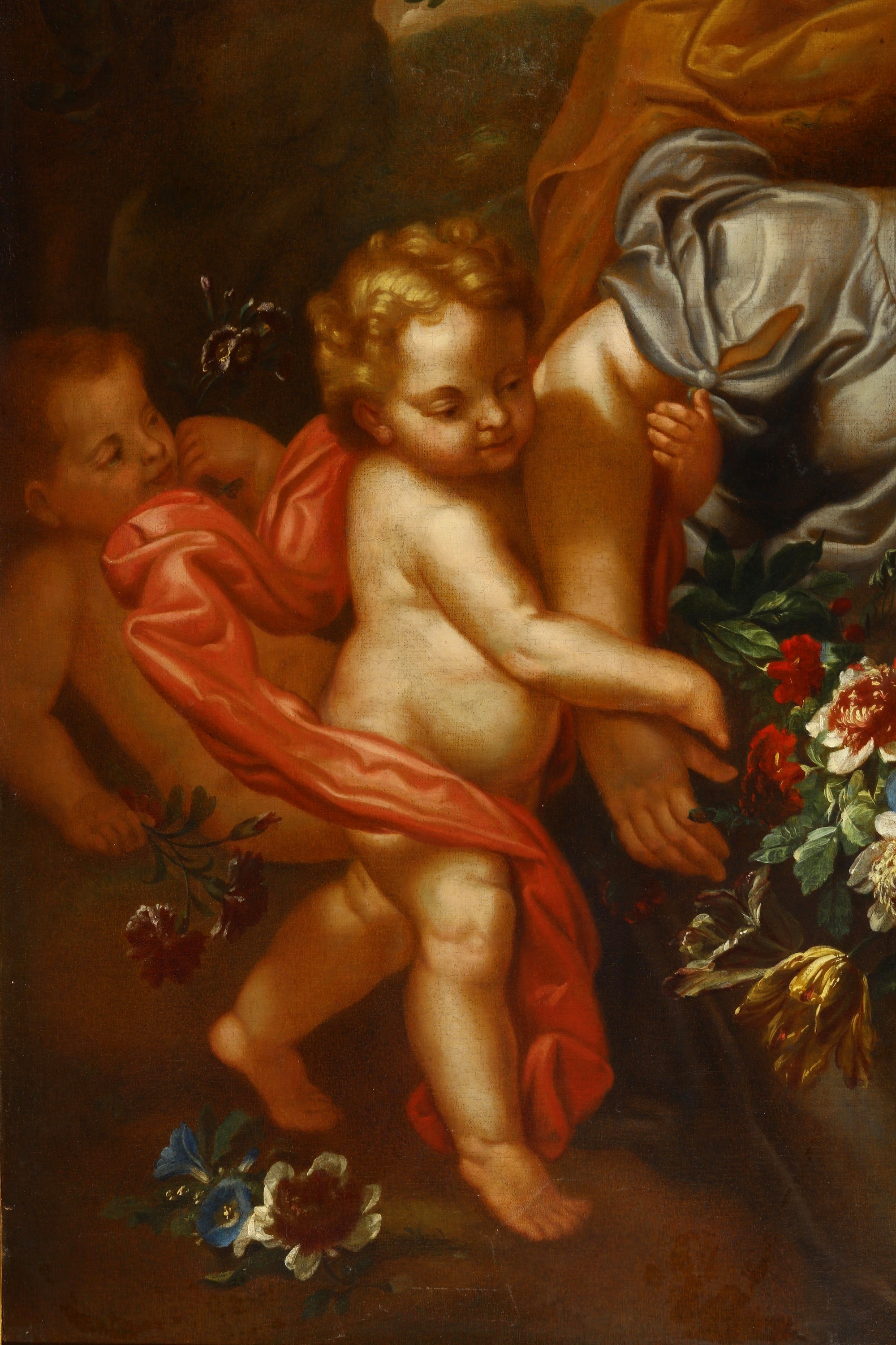 Gaspar Pieter Verbruggen, Natura morta con frutta, fiori, figure femminili e putti (coppia di dip...