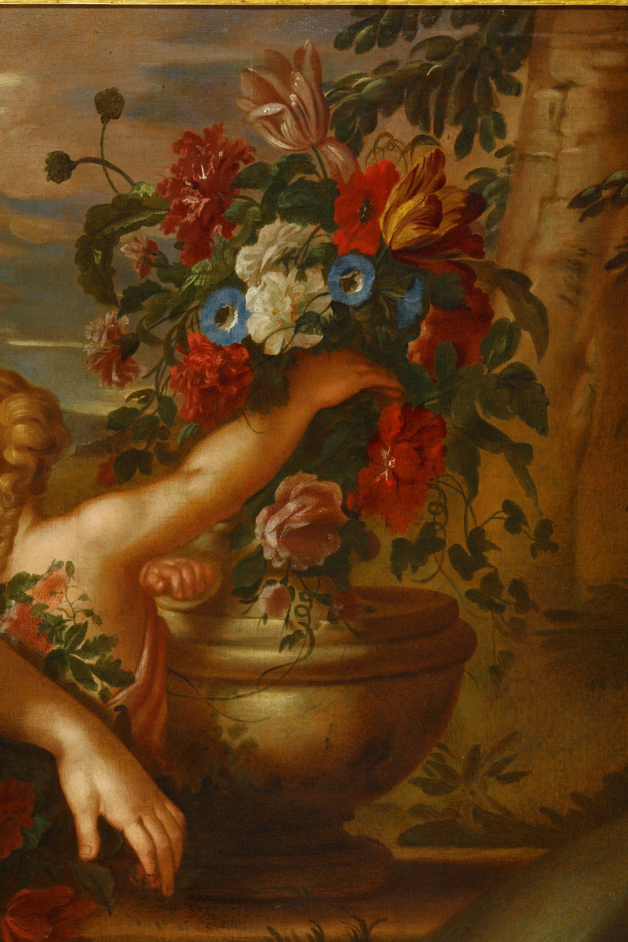 Gaspar Pieter Verbruggen, Natura morta con frutta, fiori, figure femminili e putti (coppia di dip...