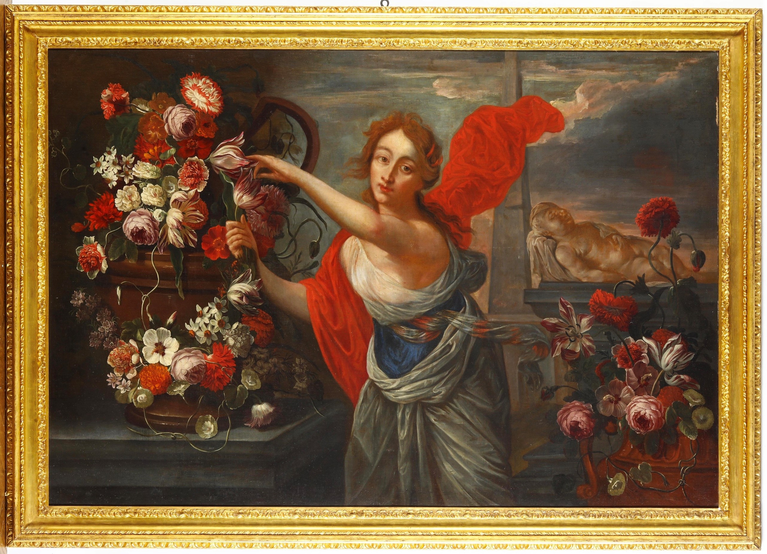 Gaspar Pieter Verbruggen, Natura morta con frutta, fiori, figure femminili e putti (coppia di dip...
