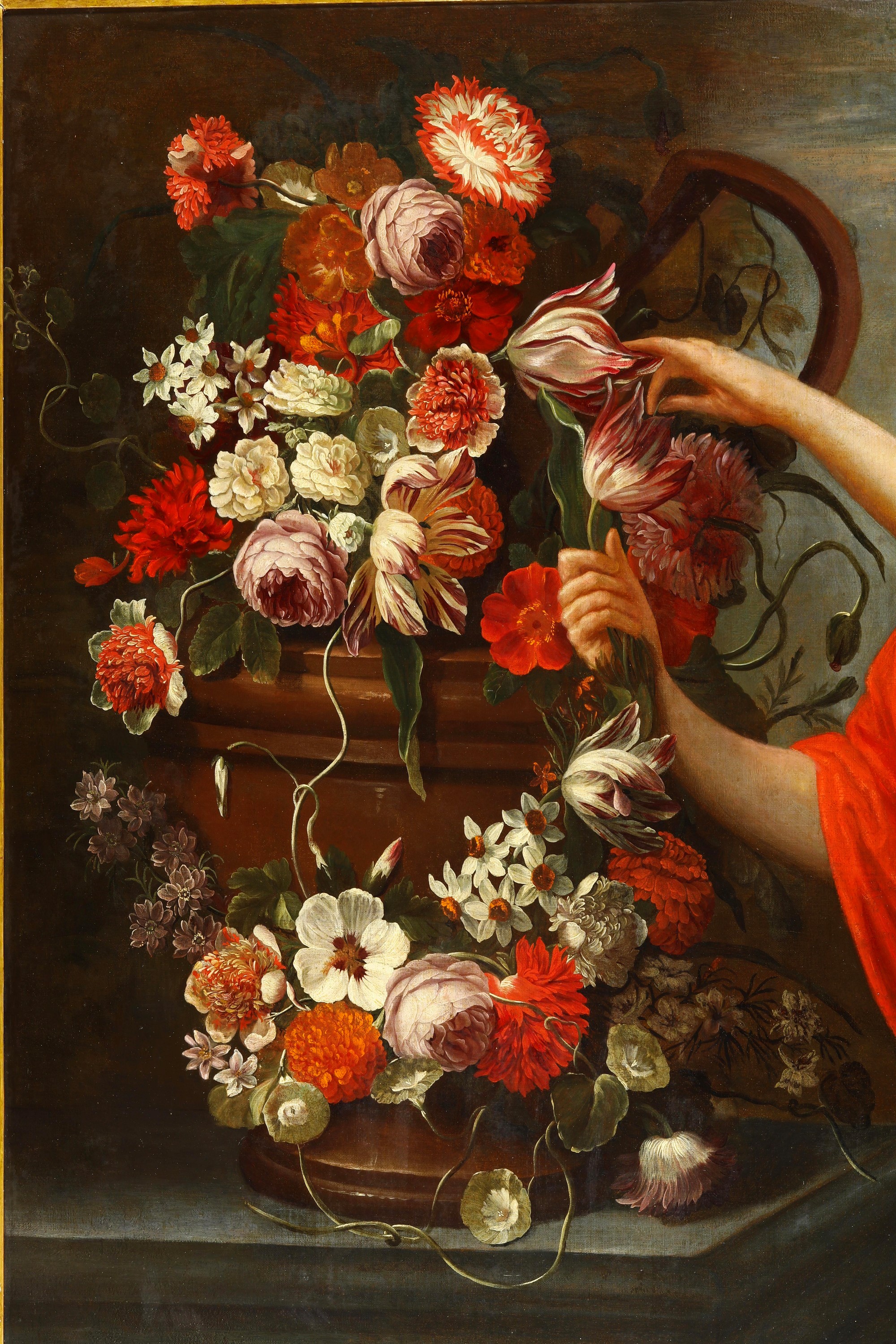 Gaspar Pieter Verbruggen, Natura morta con frutta, fiori, figure femminili e putti (coppia di dip...