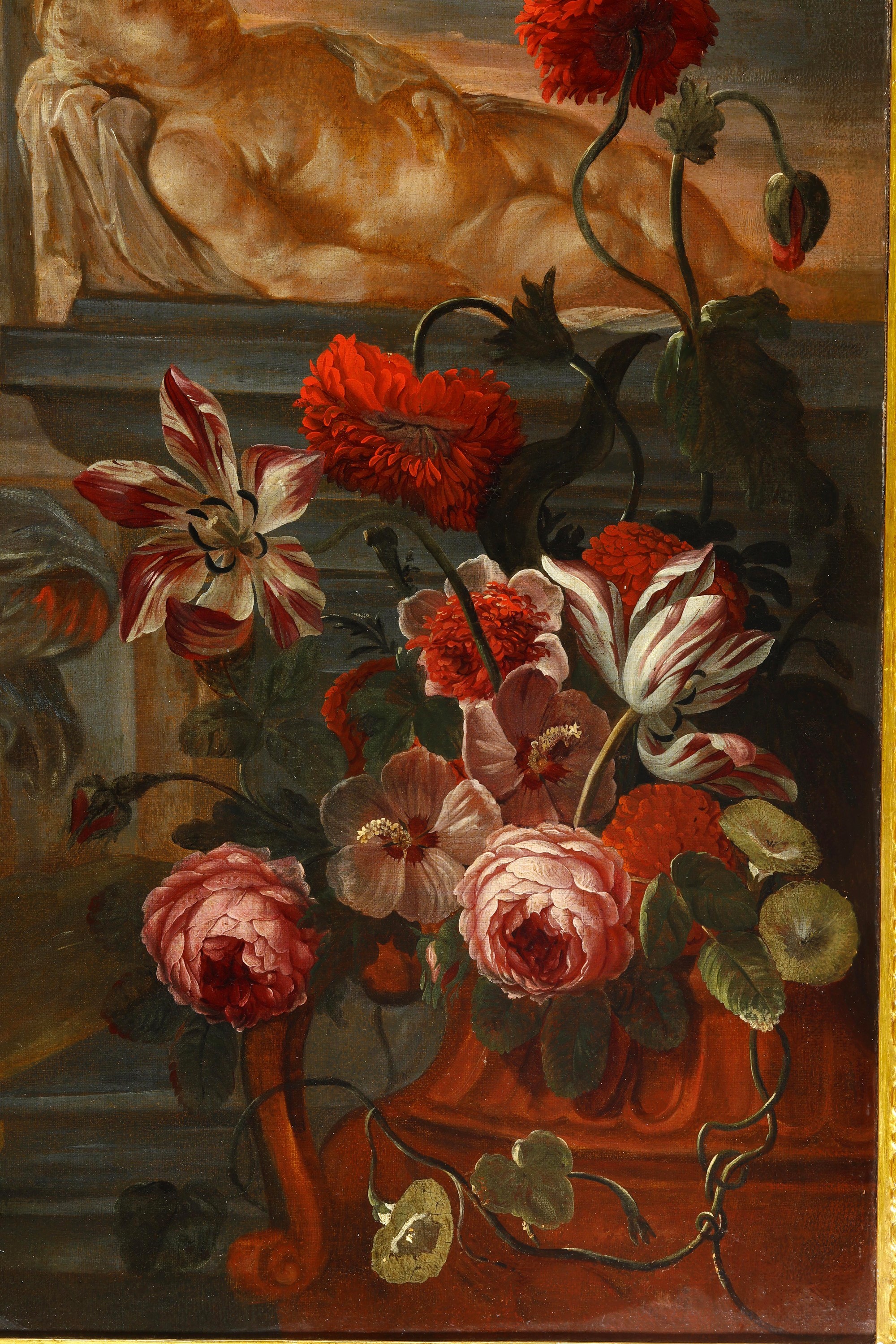 Gaspar Pieter Verbruggen, Natura morta con frutta, fiori, figure femminili e putti (coppia di dip...