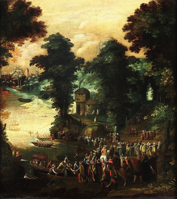 Paesaggio costiero con scena di imbarco