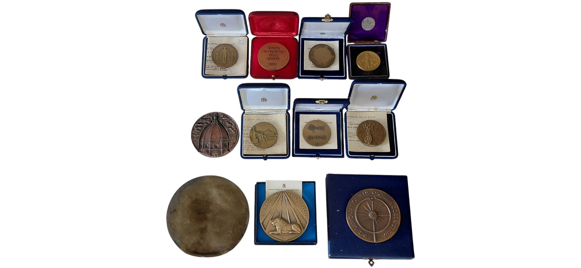 Lotto di 11 medaglie commemorative italiane (bronzo e vari metalli), con cofanetti e attestati