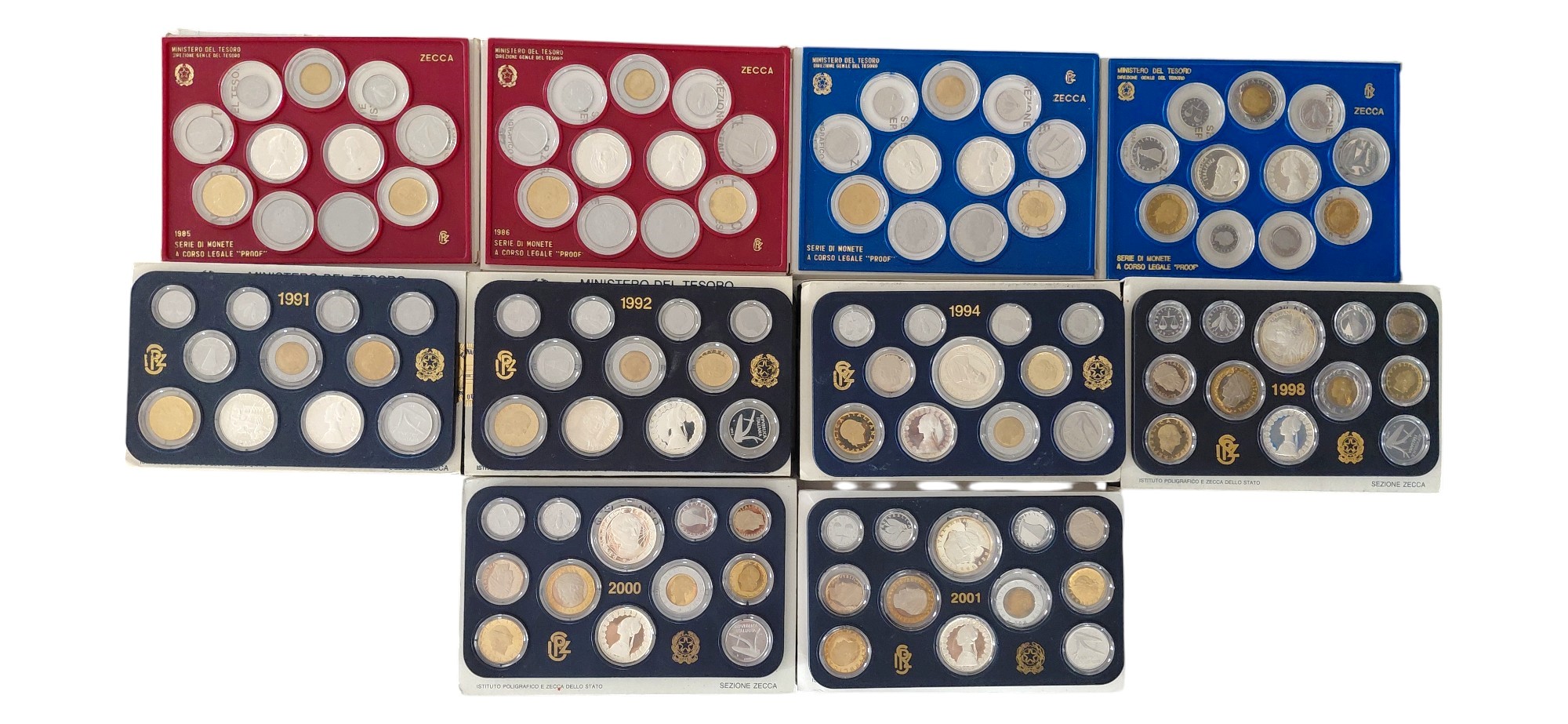 Italia, serie divisionali Fondo Specchio (Proof) con 18 monete d’argento 835‰, 1985–2001