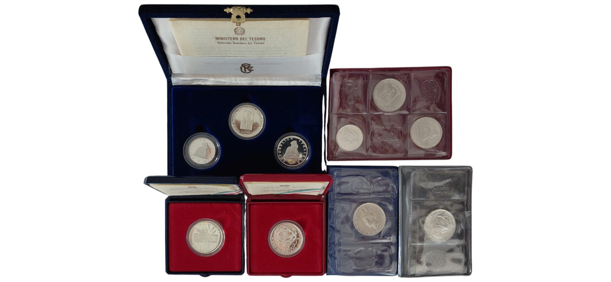 Italia, Serie di monete in argento 835‰ (6 confezioni) da 100, 200 e 500 Lire, 1988