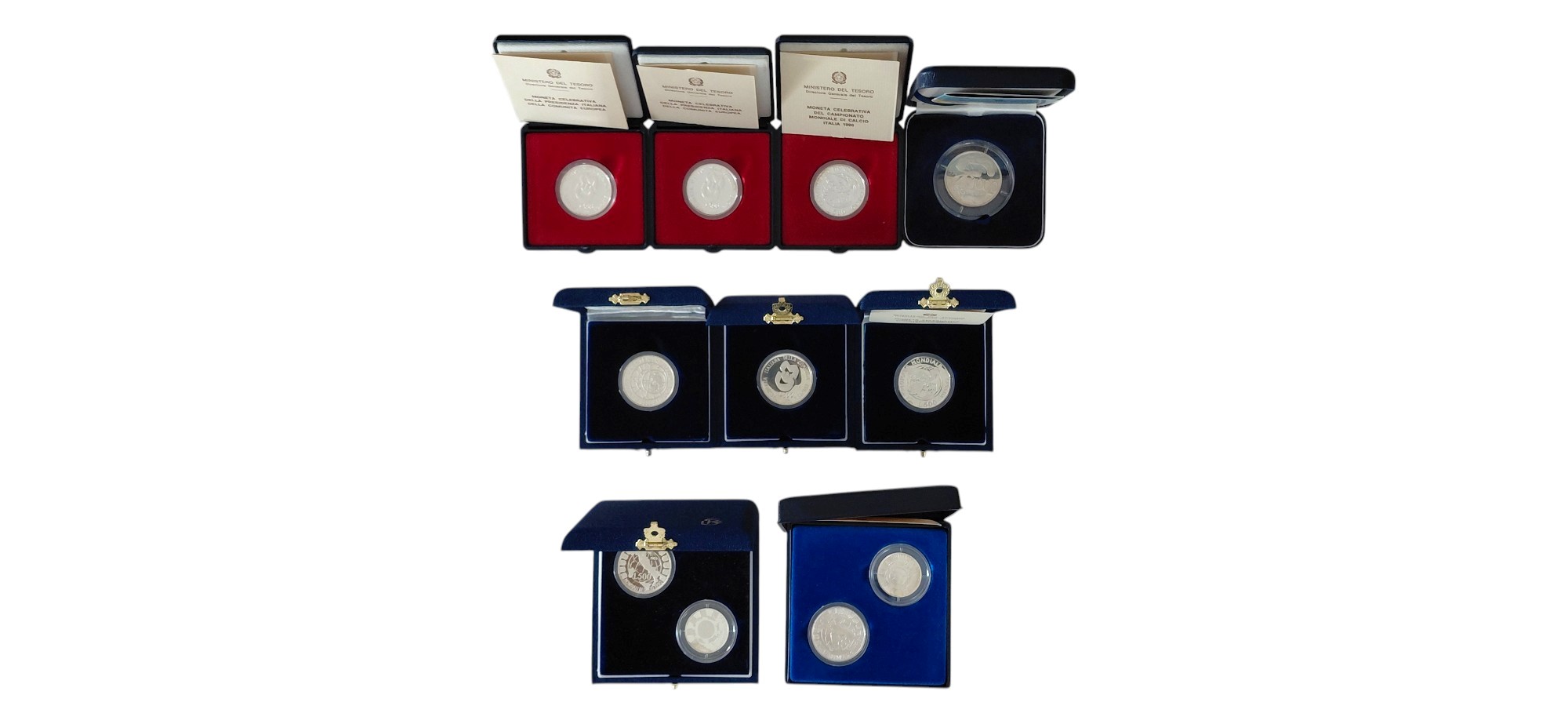Italia, 1990. Collezione numismatica in Lire d’argento 835‰ (9 confezioni) con confezioni e fogli...