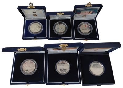 Italia, 1996-1998. Serie di 6 monete in argento 835‰ in FdC e Fondo Specchio (Proof/PP)