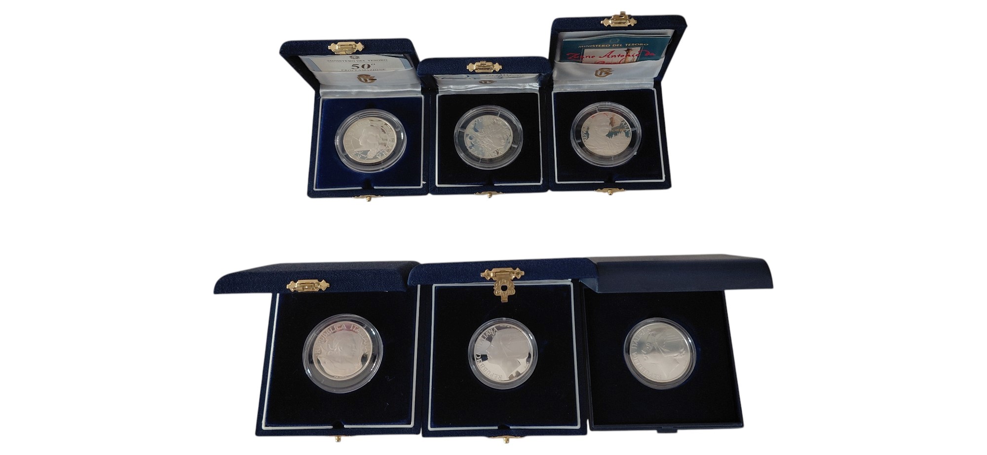 Italia, 1996-1998. Serie di 6 monete in argento 835‰ in FdC e Fondo Specchio (Proof/PP)