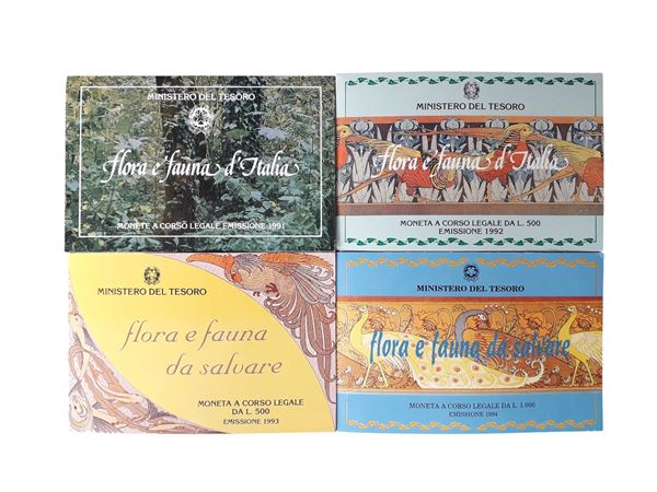 ITALIA, 1991-1994. Quattro folder ufficiali dedicati alla Flora e Fauna, contenenti 5 monete d’argento FdC.