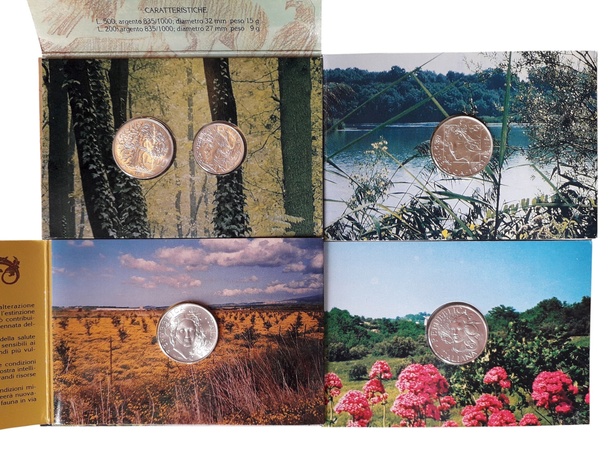 Italia, 1991-1994. Folder ufficiali Flora e Fauna con 5 monete in argento Fior di Conio