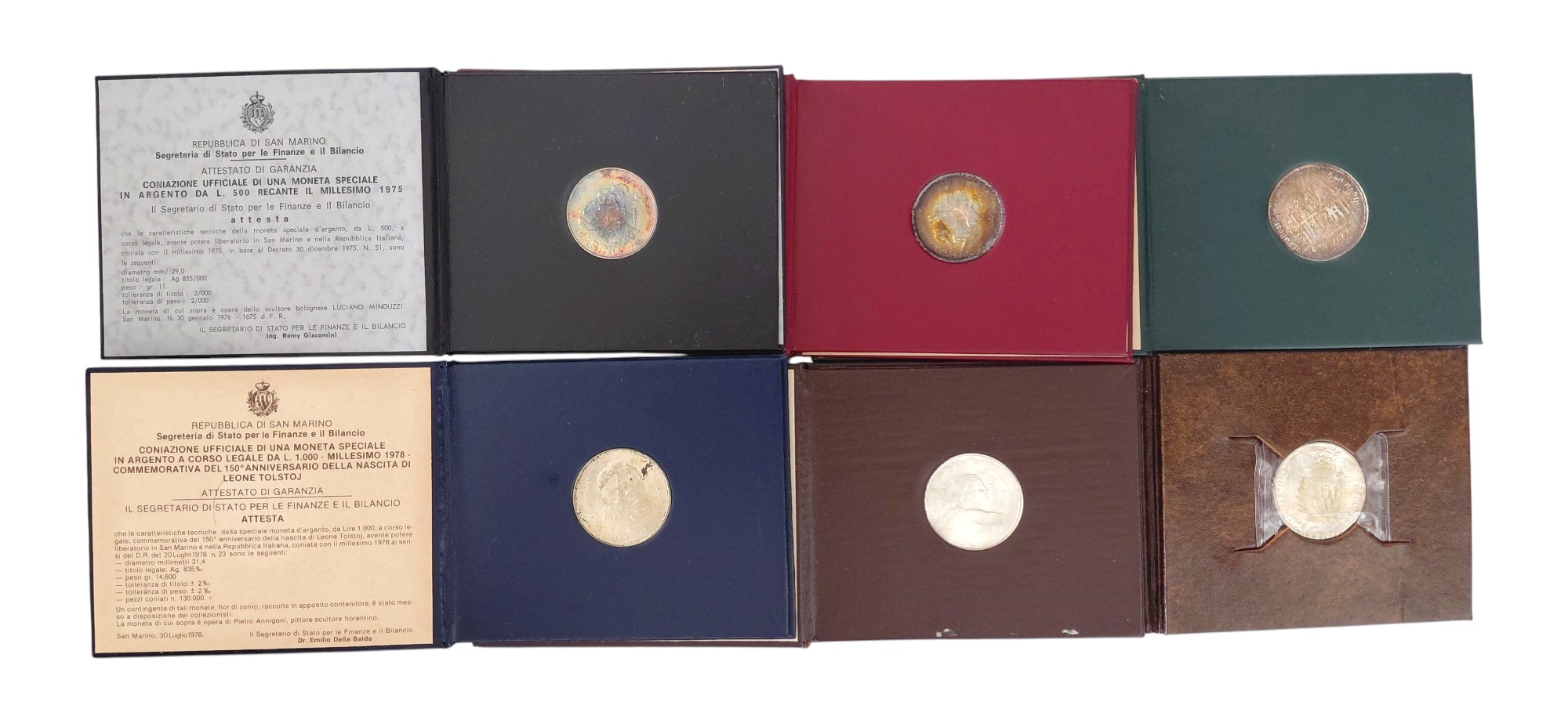 San Marino, Monete celebrative in argento FdC (1975-1980), 500 e 1000 Lire