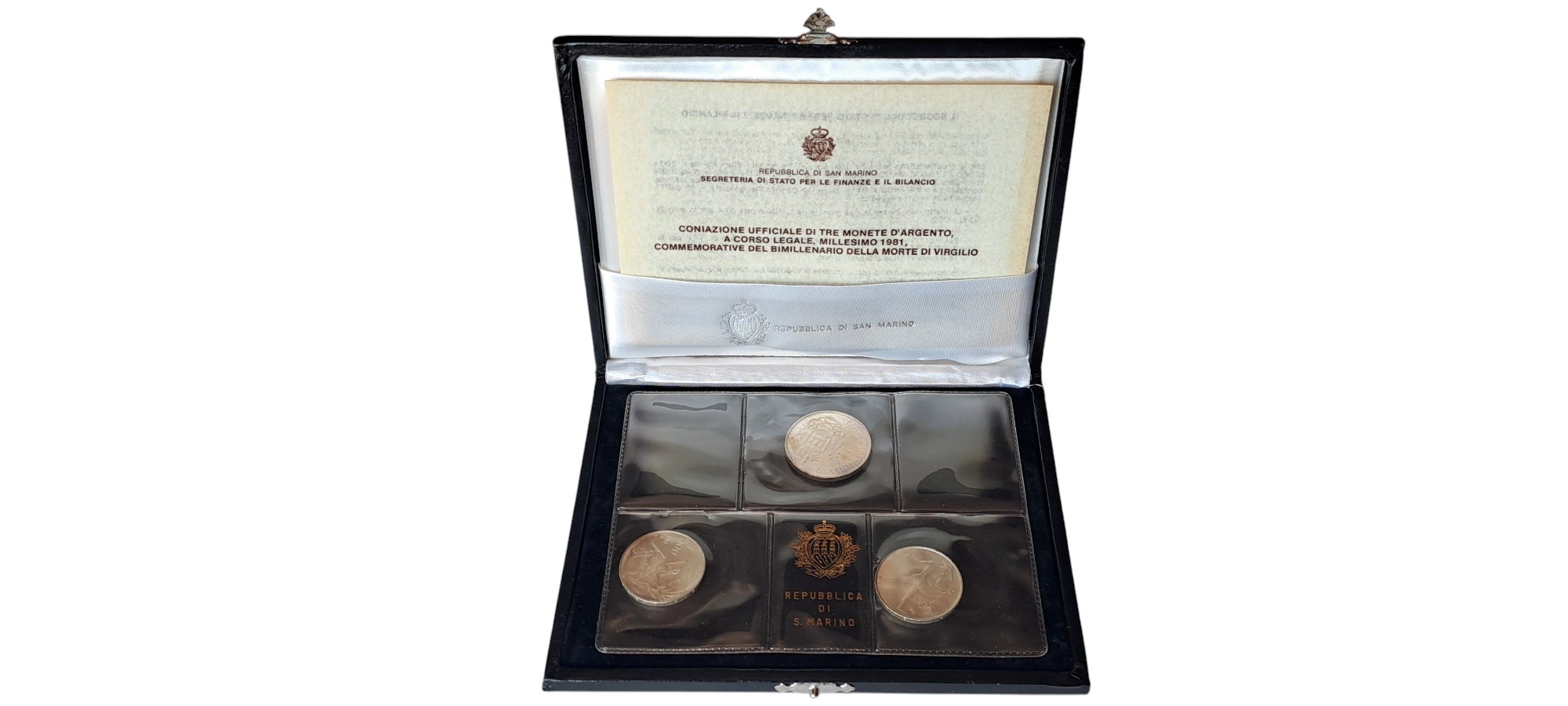 San Marino, 1981, Set celebrativo del bimillenario della morte di Virgilio, 3 monete in argento F...