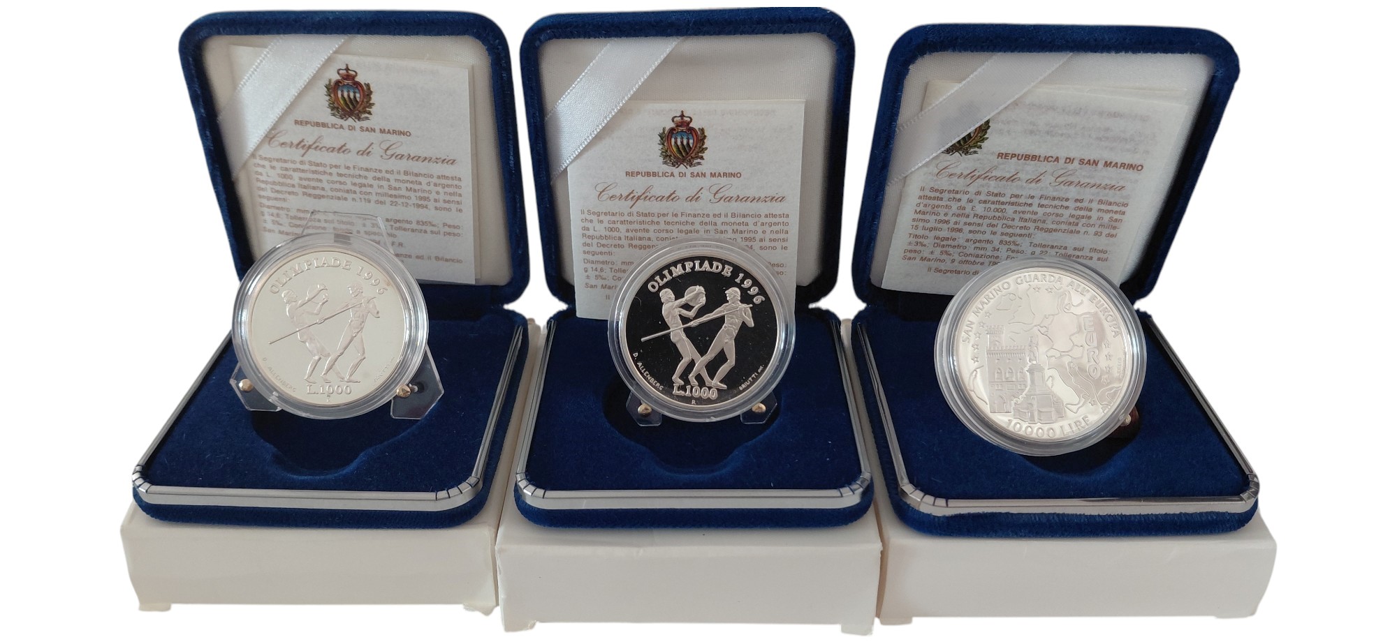 San Marino, serie di 3 monete in argento Fondo Specchio (Proof, PP), 1995-1996