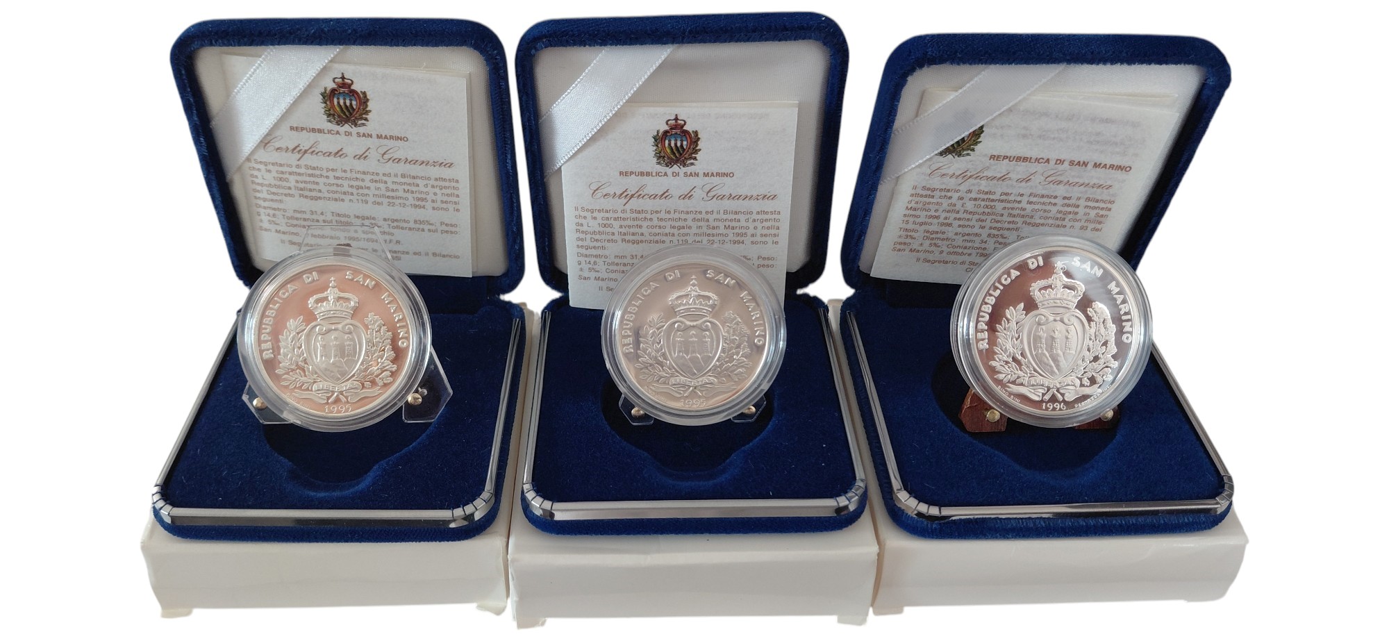 San Marino, serie di 3 monete in argento Fondo Specchio (Proof, PP), 1995-1996