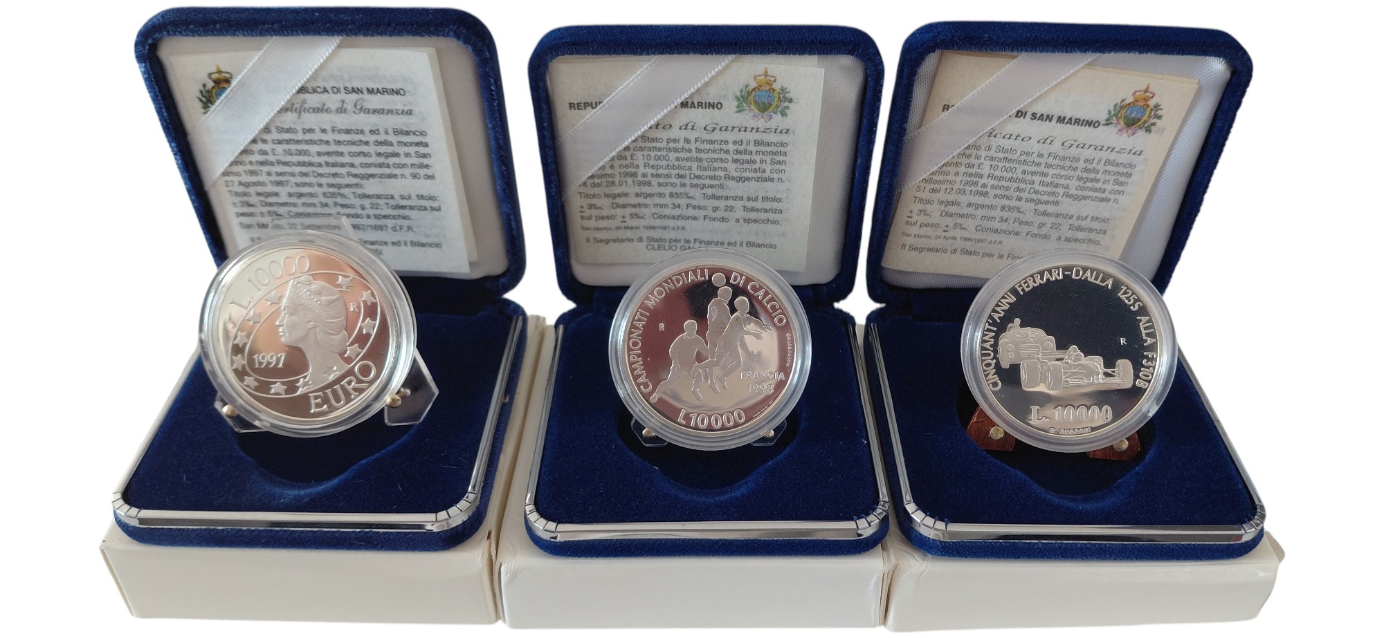 San Marino, Serie commemorativa in argento 835‰ “Fondo Specchio” (Proof), 10.000 Lire 1997–1998