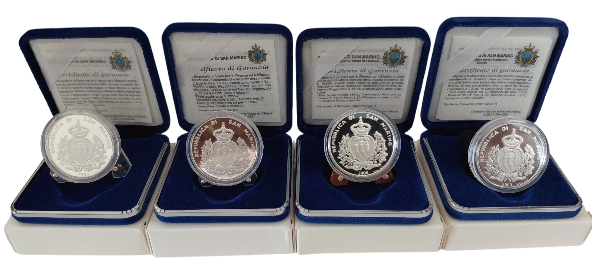 Repubblica di San Marino, 1999-2000. Serie di 4 monete da 10.000 Lire in argento Fondo Specchio (...