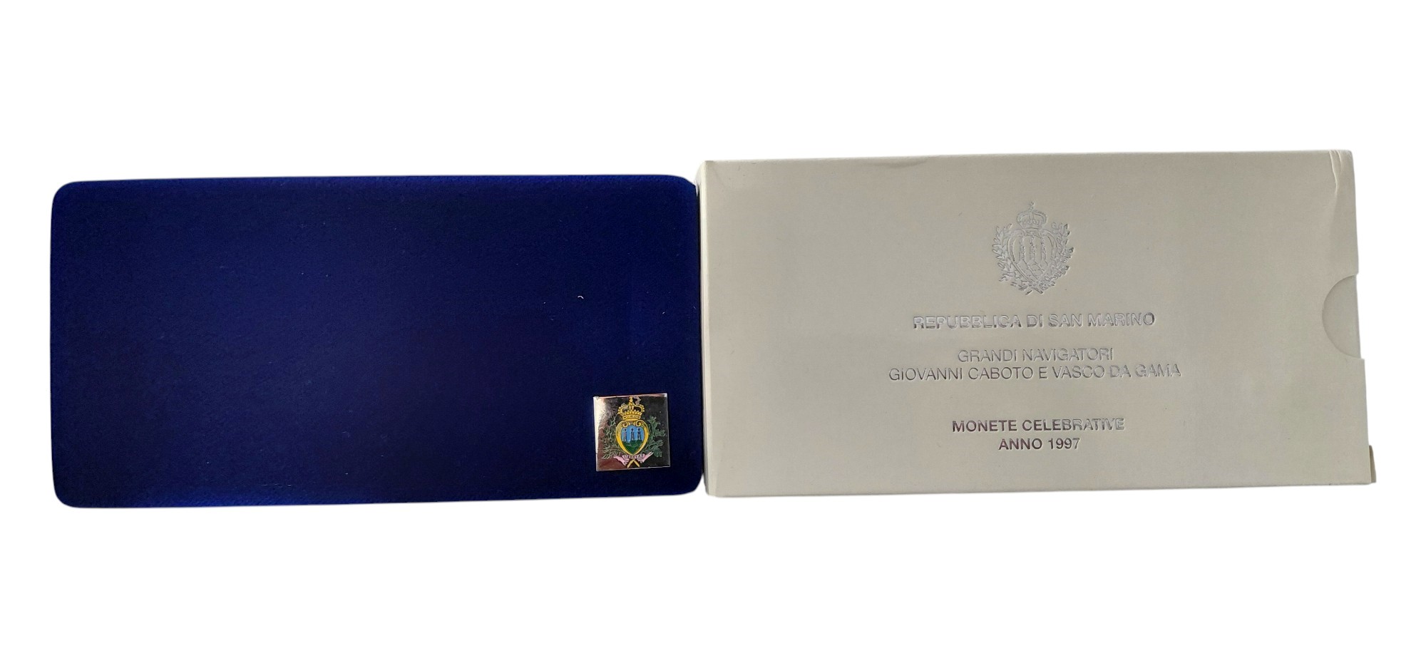 San Marino, 1997, Cofanetto con 2 monete in argento 835‰ Fondo Specchio (proof) da 5.000 e 10.000...